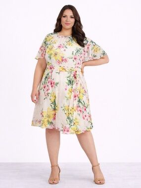 Jessica Howard NWT Floral Print Jewel Neck Tie Waist Dress Size 18W